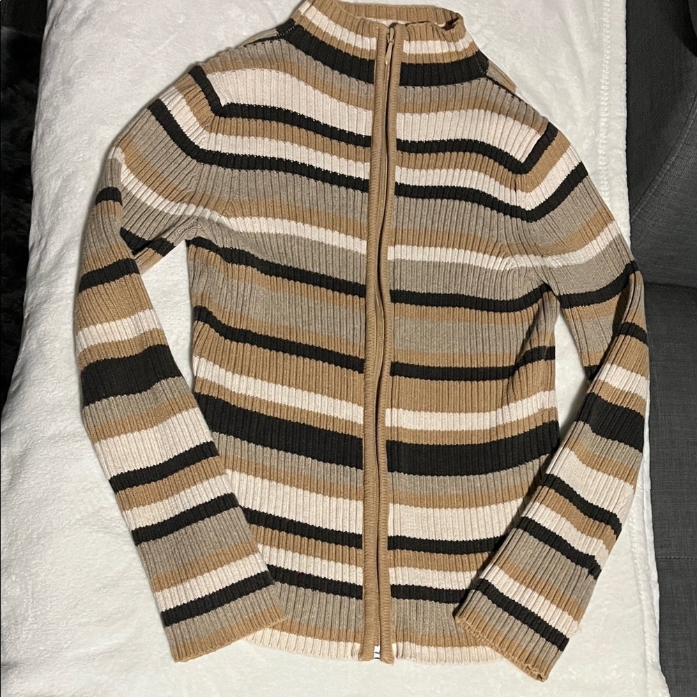 Old Navy Beige, Black & Cream Striped Ribbed Zip-Up Sweater